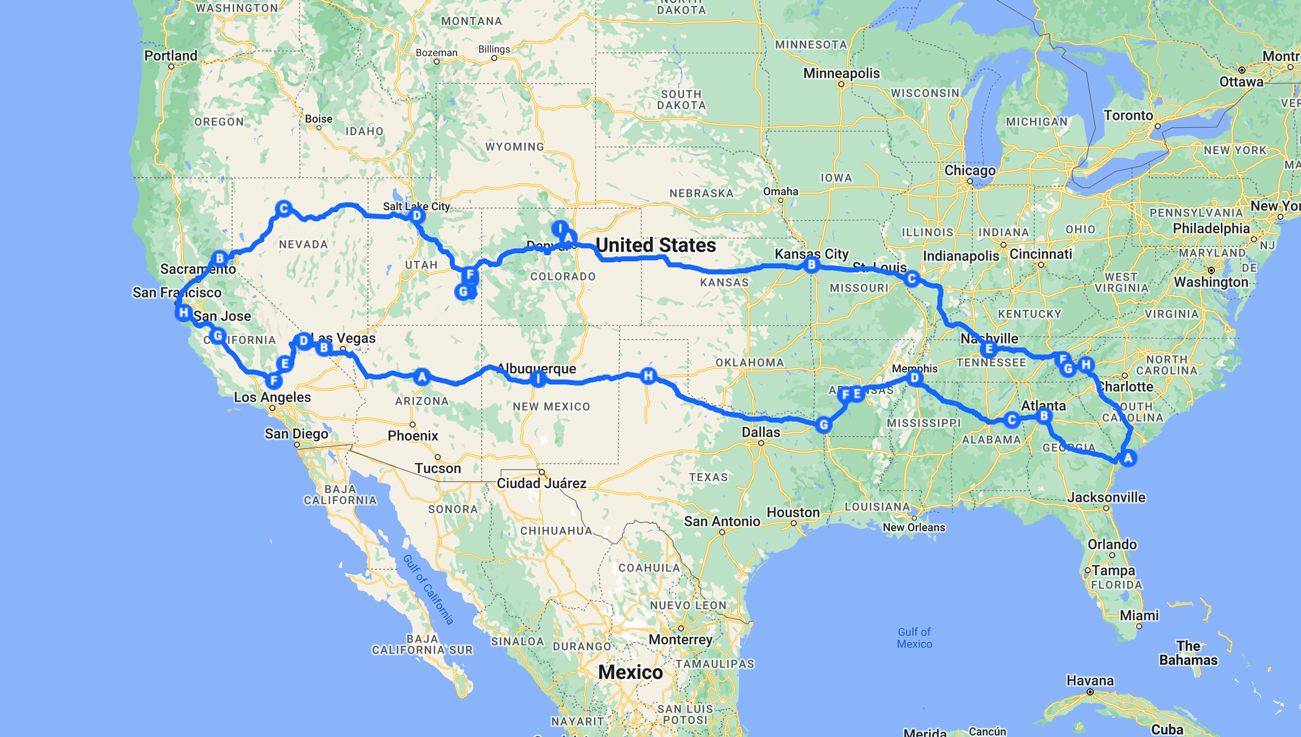 A map showing my route across America, with key stops highlighted